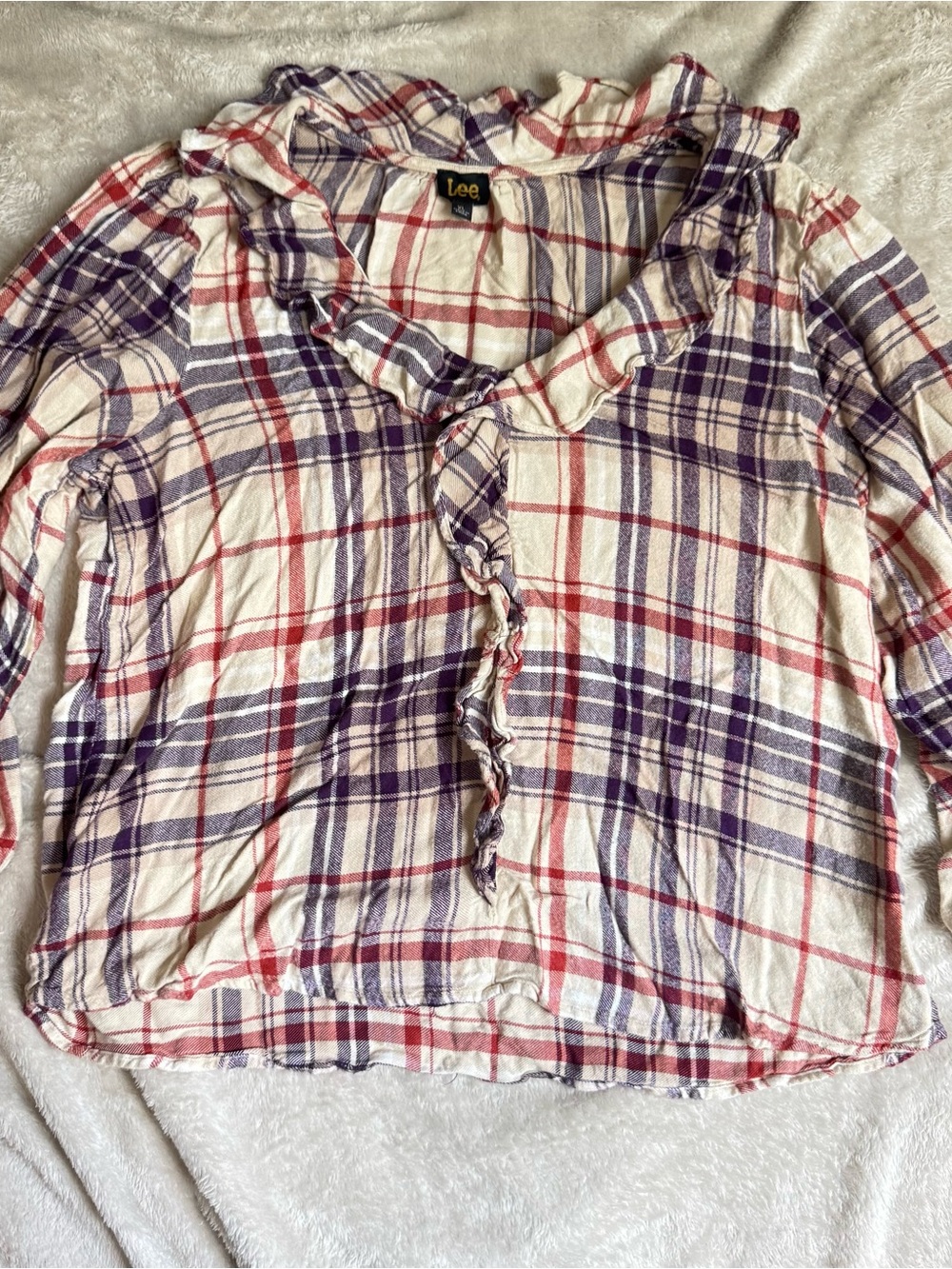 Lee Plaid Ruffle-Trim Button Front Top in Cream, Purple & Red